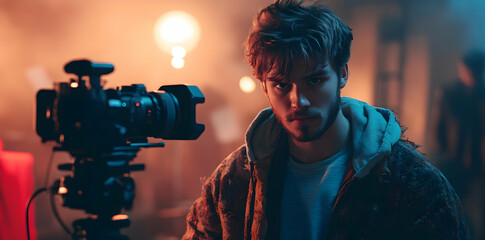 Poster - A young man stands confidently beside a camera in a creative studio setting.