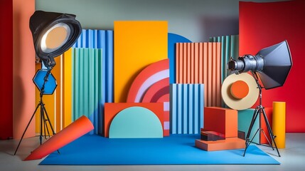 Poster - Colorful geometric backdrop with studio lighting for photography.