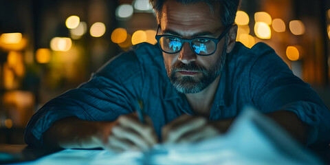 Poster - A focused man wearing glasses studies documents at night, illuminated by soft lights.