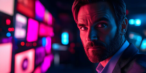 Poster - A man with a serious expression in a vibrant, illuminated environment filled with screens.