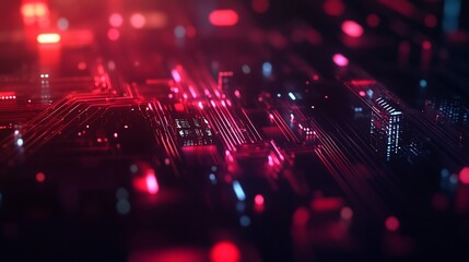 Poster - Abstract background with red and blue lights, a futuristic digital world, and a glowing circuit board.