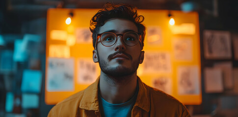Poster - A young man with glasses gazes upward, surrounded by artistic sketches and warm lighting.
