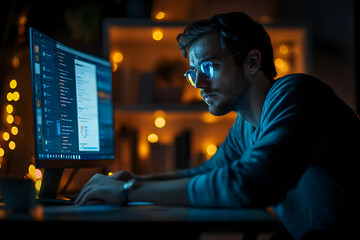 Poster - A focused individual working late at night on a computer, surrounded by soft lighting.