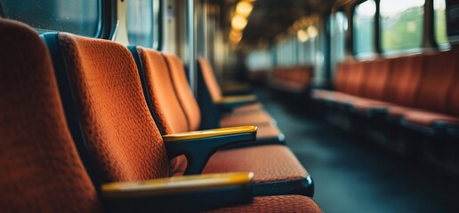 Aufkleber - Empty train seats with a warm orange hue, creating a tranquil atmosphere.