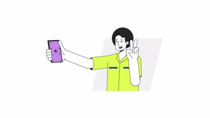 Aufkleber - Guy with victory gesture posing for selfie cartoon animation. Blogger tourist using cellphone 4K video motion graphic. Afro hair man holds smartphone animated 2D character isolated on white background