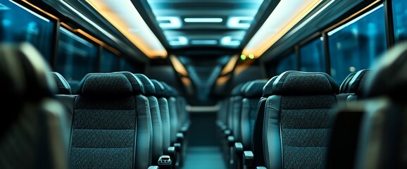 Aufkleber - Interior of a modern bus showcasing empty seats and ambient lighting.