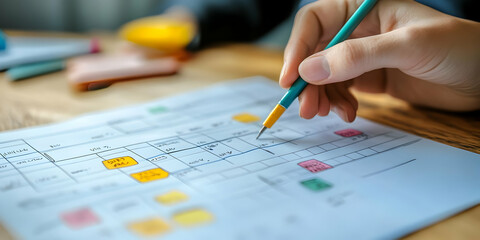 Aufkleber - A hand holding a pen over a colorful planning document with notes and highlights.