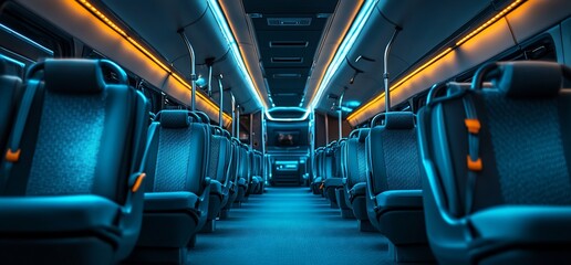 Aufkleber - Interior view of a modern bus with blue lighting and empty seats.