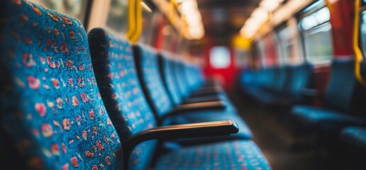 Aufkleber - Interior view of an empty train carriage with patterned seats.
