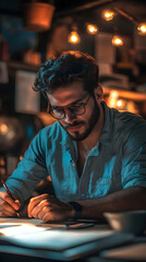 Poster - A man with glasses writes thoughtfully in a dimly lit workspace filled with warm ambiance.