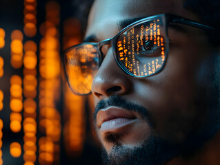 Aufkleber - A close-up of a person wearing glasses reflecting digital code, symbolizing technology and innovation.