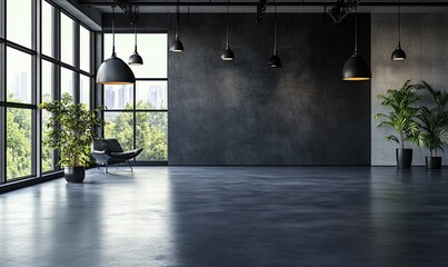 Poster - Modern interior space with large windows and minimalistic decor.