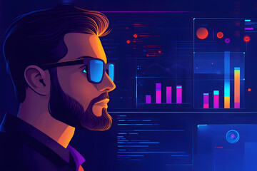 Fototapete - A man in sunglasses analyzes data on a digital interface with graphs and statistics.