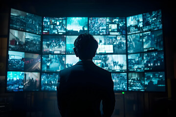 Poster - A person observes multiple screens displaying various live feeds in a control room.