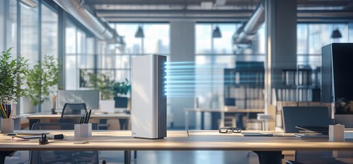 Poster - Modern office space featuring an air purifier amidst a clean workspace.