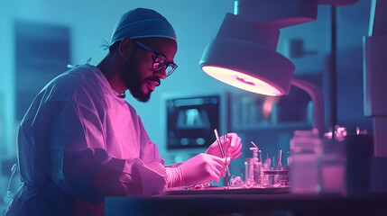 Poster - A scientist conducts research in a lab, illuminated by a bright overhead light.