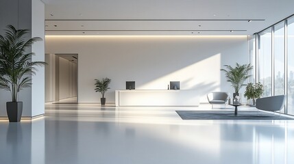 Poster - Modern office reception area with minimalistic design and greenery.