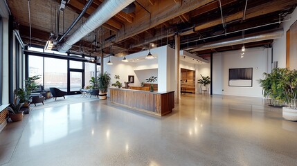 Poster - Modern office space with wooden accents and plants for a welcoming atmosphere.