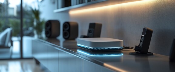 Poster - Modern tech setup featuring a sleek device and audio speakers.