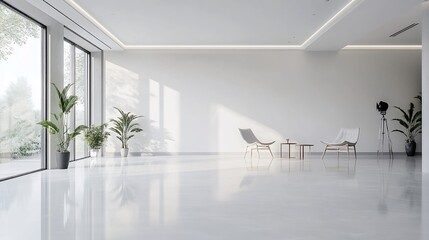 Poster - Modern, minimalist interior with plants and seating for relaxation.