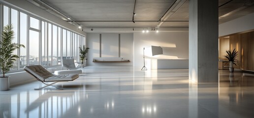 Poster - Modern, spacious interior with large windows and minimalist design.