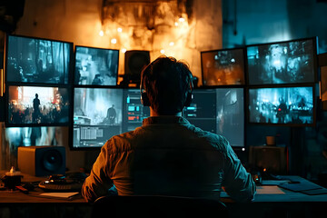 Aufkleber - A person monitors multiple screens in a dimly lit room, engaged in digital work.
