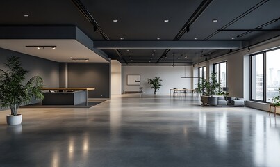Poster - Modern, spacious interior with large windows and minimalist design.