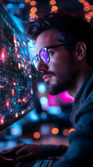 Poster - A focused individual working on a computer, surrounded by vibrant digital visuals.