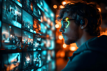 Poster - A focused individual analyzes multiple screens in a high-tech environment.