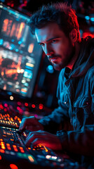Poster - A focused individual working on a computer in a dimly lit, high-tech environment.