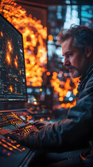 Aufkleber - A focused individual working on a high-tech computer with vibrant visual data in the background.