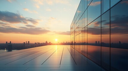 Poster - Sunset reflection on a modern glass building overlooking a cityscape.