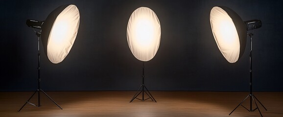 Poster - Three softbox lights set up for photography in a studio environment.