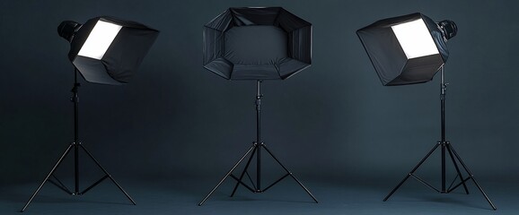 Poster - Three studio light setups on stands for photography lighting.