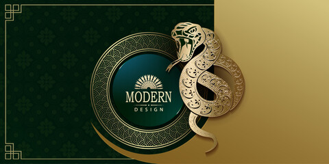 Wall Mural - Happy New Year, Year of the Snake, green textured illustration with isolated golden snake.