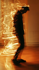 Poster - A person is captured in motion, surrounded by swirling light effects, creating a dynamic visual.
