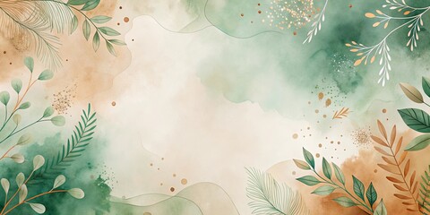 Wall Mural - Elegant Watercolor Botanical Background with Soft Greens and Earthy Tones