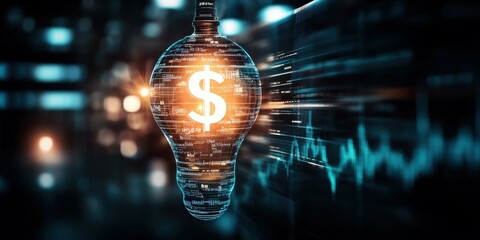 Poster - A glowing light bulb with a dollar sign inside represents innovation and financial growth in a futuristic digital landscape.