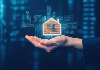 Poster - A hand holds a glowing house icon amidst digital elements, symbolizing real estate, security, and technology integration in modern housing.
