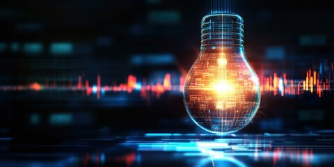 Poster - A glowing light bulb with digital circuitry and vibrant sound waves, symbolizing innovation and technology.