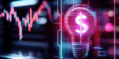 Poster - A glowing light bulb with a dollar sign, set against a background of digital graphs, symbolizes innovation in finance and investment opportunities.