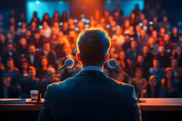 Poster - A speaker addresses a large audience, creating an engaging atmosphere.