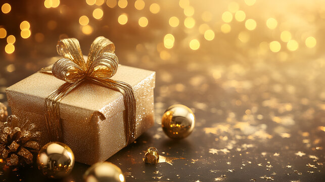 Gold gift box with golden bow on white background ai generative
