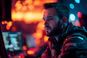 Poster - A focused man working on a computer in a vibrant, illuminated environment.