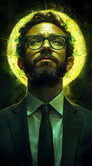 Poster - A man in a suit with glasses, illuminated by a glowing halo-like light.