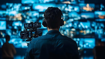 Poster - A person monitors multiple screens displaying various images in a control room.