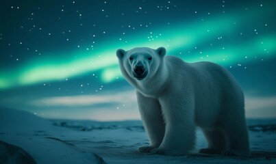 realistic photo of polar bear on snowy landscape background under northern lights: beauty of arctic 