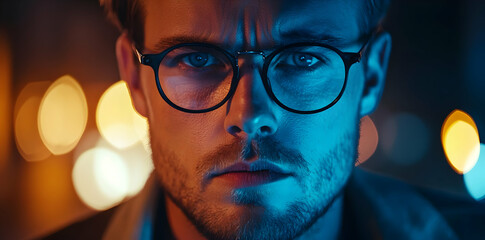 Poster - A close-up portrait of a man with glasses, illuminated by colorful lights, conveying intensity.