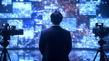 Aufkleber - A person in a suit stands before a backdrop of digital screens and cameras.