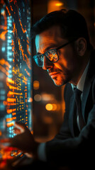 Poster - A focused man in glasses analyzes glowing data on a screen in a dimly lit environment.